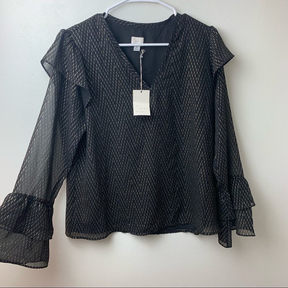 A. New. Day. Black Gold Accent Blouse
